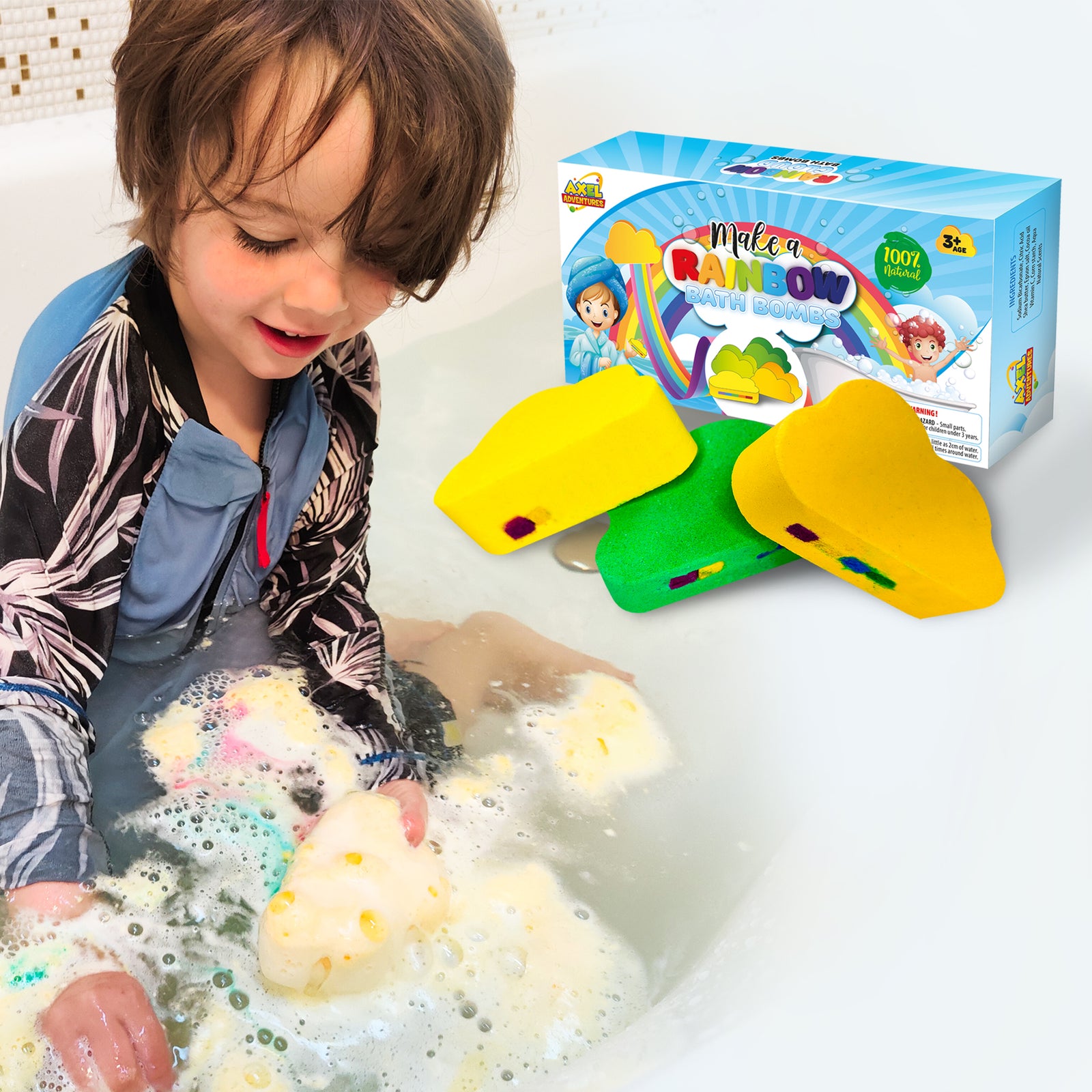 Rainbow Bath Bombs for Kids, Easter Gift for Kids, 3 Rainbow Effect kids Bath Bombs - Axel Adventures
