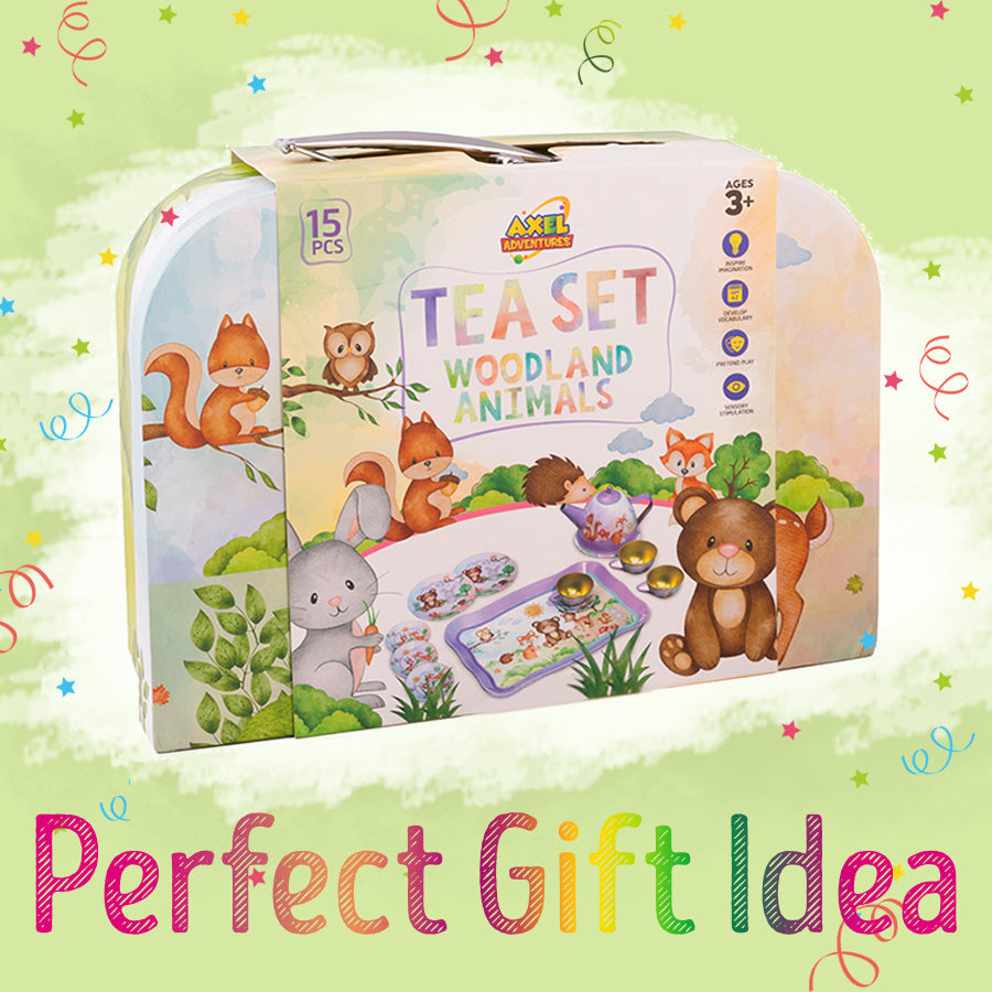 Woodland Animal Themed Pretend Play Tea Set for Little Girls - 15 PCS Tea Party Set for Kids Learning and Social Skills - Axel Adventures