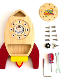 Montessori Screw Driver Board, Rocket Ship Toy Wooden Kids Busy Board Sensory Toy - Axel Adventures