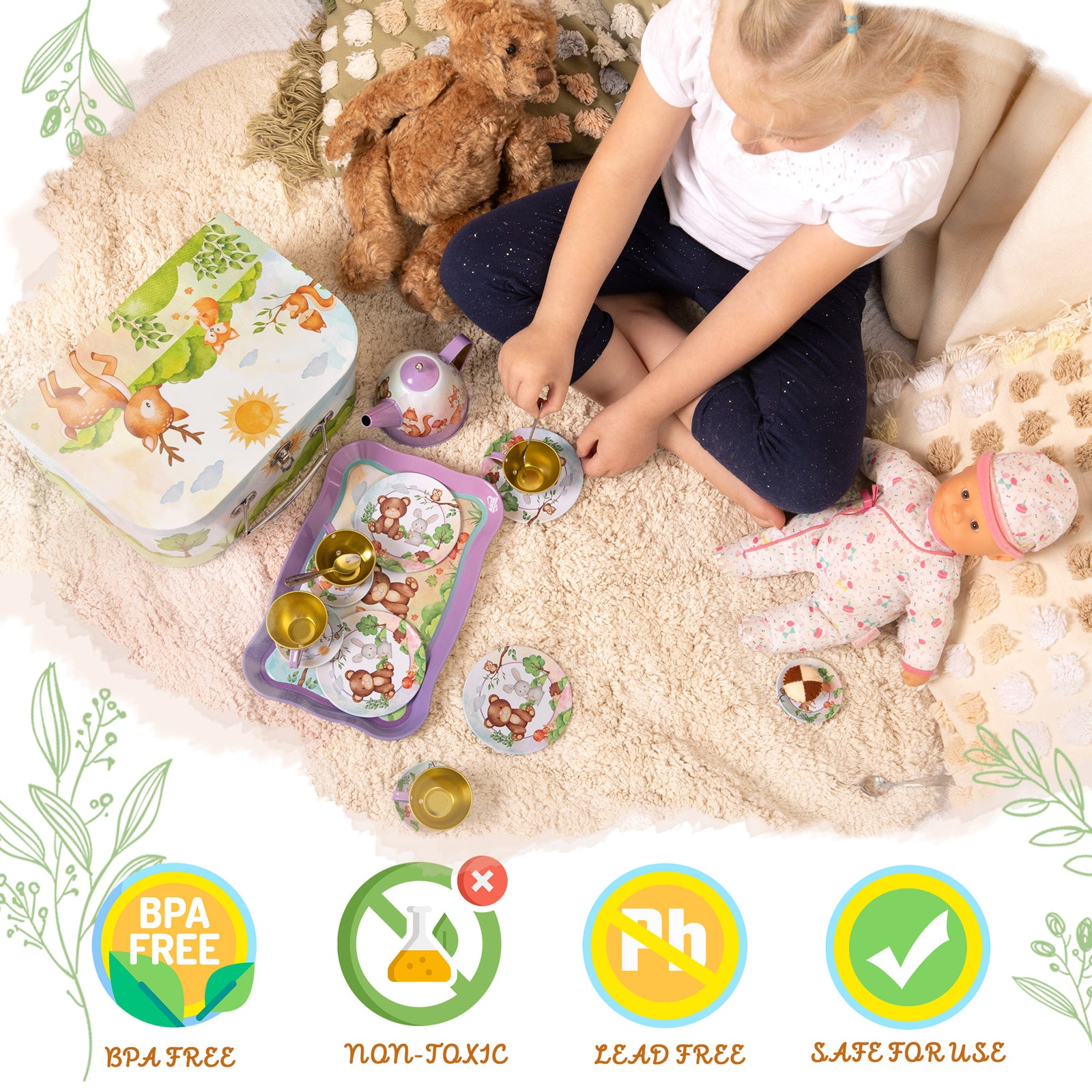 Woodland Animal Themed Pretend Play Tea Set for Little Girls - 15 PCS Tea Party Set for Kids Learning and Social Skills - Axel Adventures