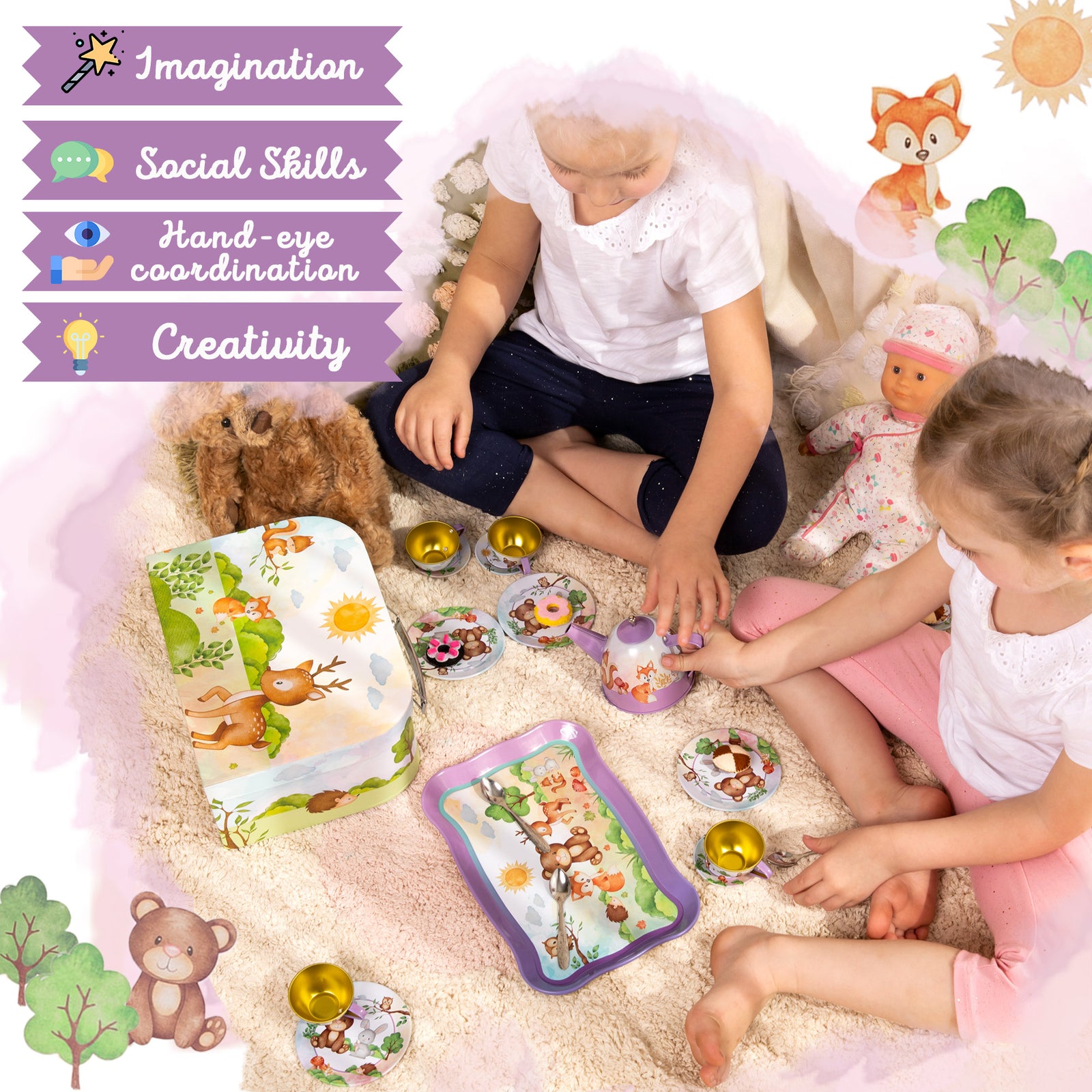 Woodland Animal Themed Pretend Play Tea Set for Little Girls - 15 PCS Tea Party Set for Kids Learning and Social Skills - Axel Adventures