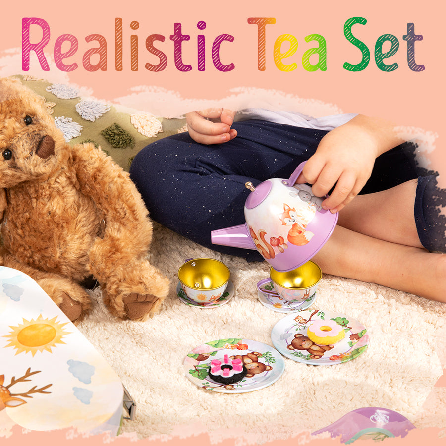 Woodland Animal Themed Pretend Play Tea Set for Little Girls - 15 PCS Tea Party Set for Kids Learning and Social Skills - Axel Adventures