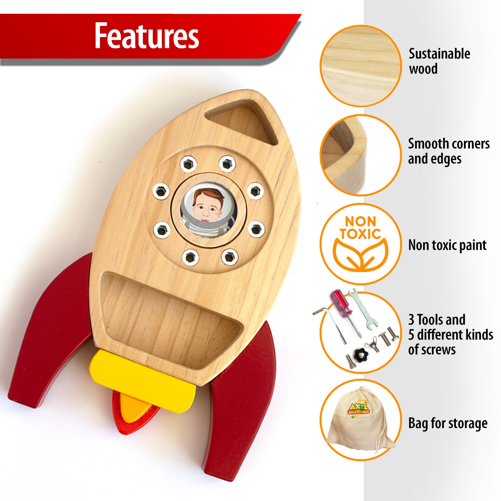 Montessori Screw Driver Board, Rocket Ship Toy Wooden Kids Busy Board Sensory Toy - Axel Adventures