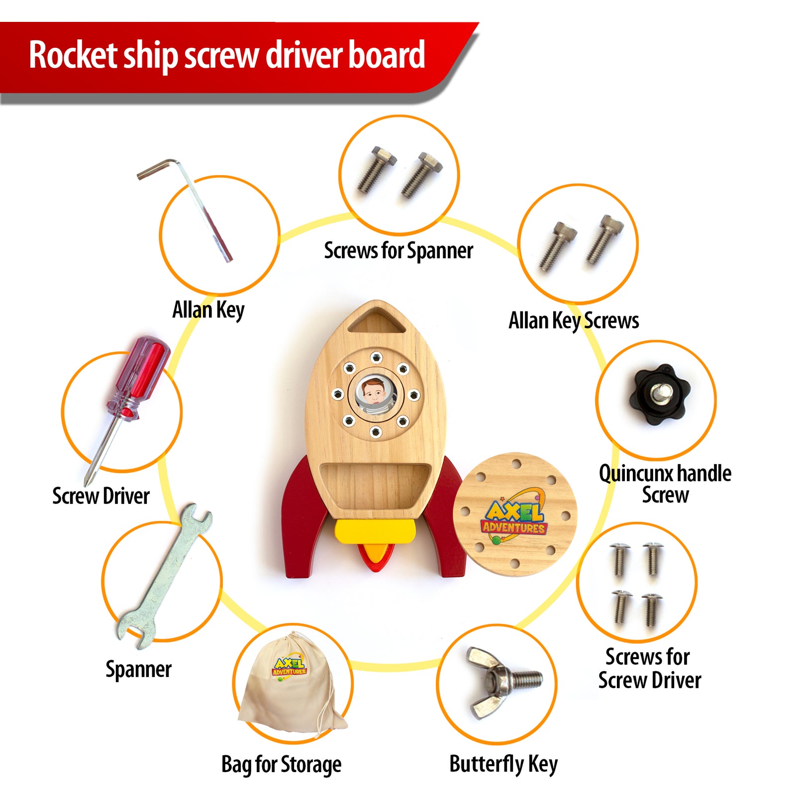 Montessori Screw Driver Board, Rocket Ship Toy Wooden Kids Busy Board Sensory Toy - Axel Adventures