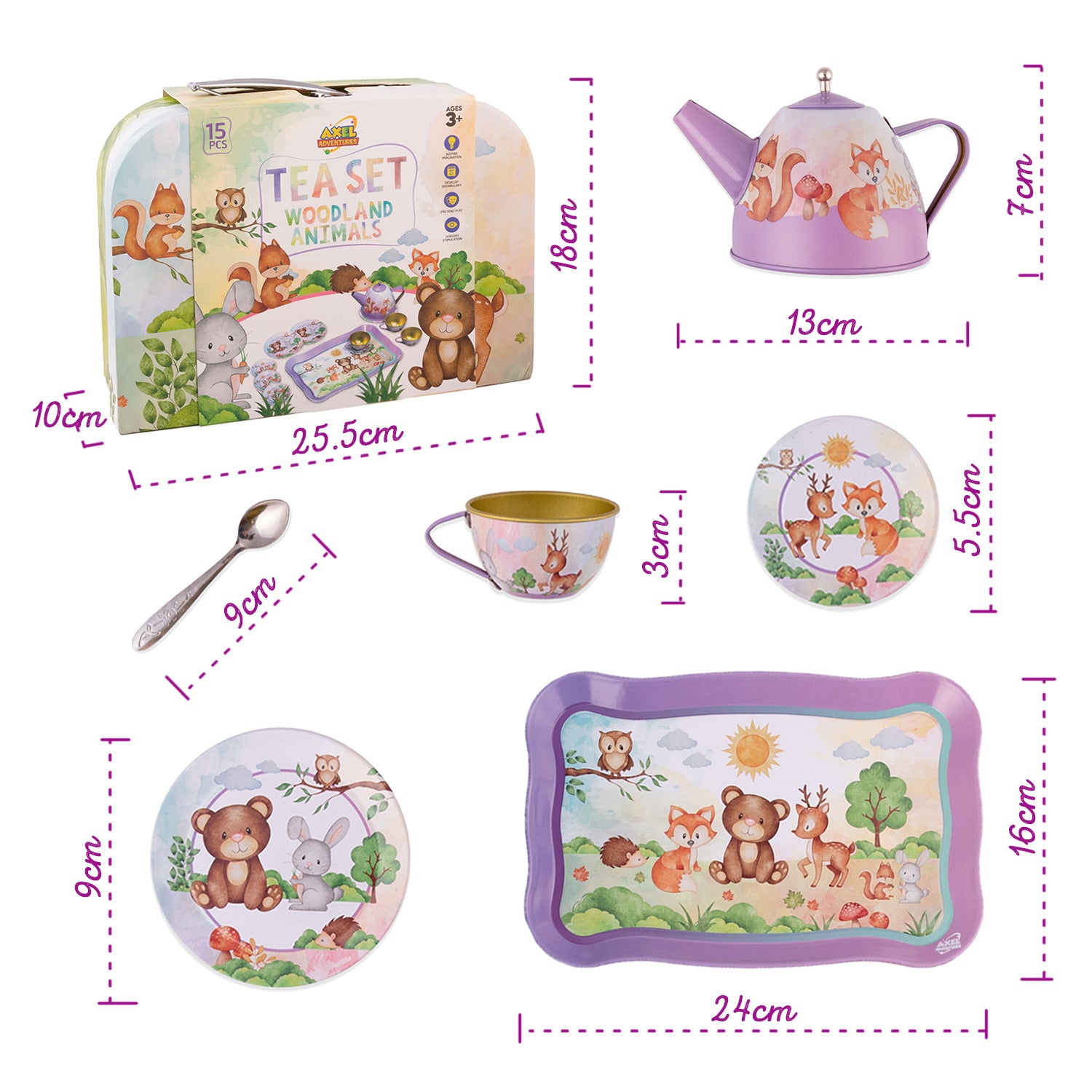 Woodland Animal Themed Pretend Play Tea Set for Little Girls - 15 PCS Tea Party Set for Kids Learning and Social Skills - Axel Adventures