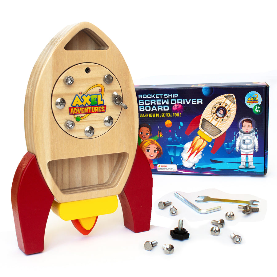 Montessori Screw Driver Board, Rocket Ship Toy Wooden Kids Busy Board Sensory Toy - Axel Adventures