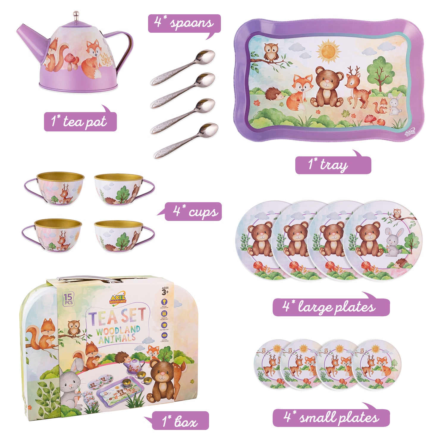 Woodland Animal Themed Pretend Play Tea Set for Little Girls - 15 PCS Tea Party Set for Kids Learning and Social Skills - Axel Adventures