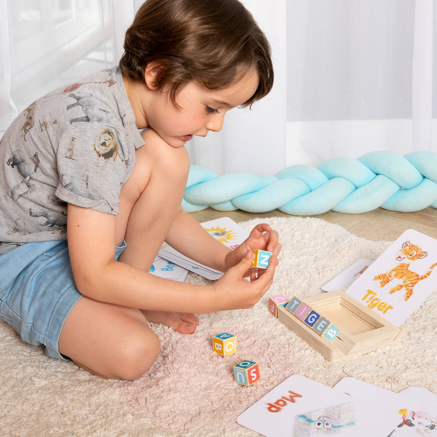 Spelling Game for Kids, Montessori Educational Toy for 3+ Year Old Pre-K Toddler Includes 8 Wooden Blocks and Illustrated Cards, Alphabet Learning Toy Boosts Brain Development, Hand-Eye Coordination - Axel Adventures