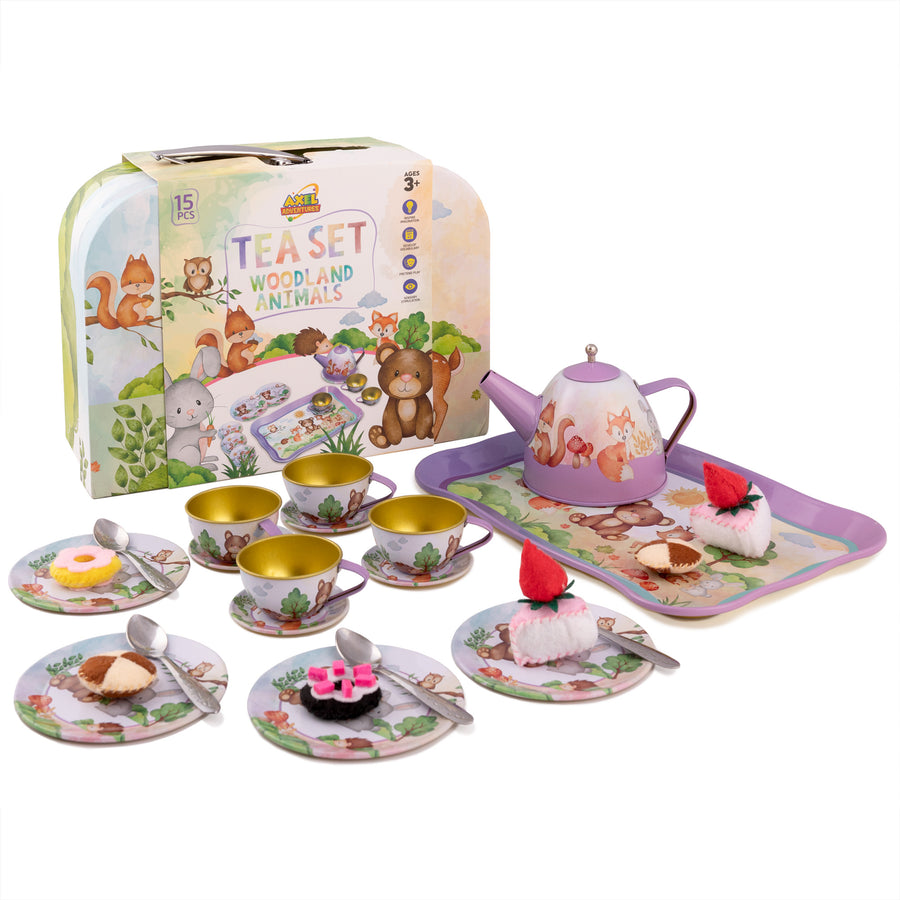 Woodland Animal Themed Pretend Play Tea Set for Little Girls - 15 PCS Tea Party Set for Kids Learning and Social Skills - Axel Adventures