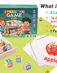 Spelling Game for Kids, Montessori Educational Toy for 3+ Year Old Pre-K Toddler Includes 8 Wooden Blocks and Illustrated Cards, Alphabet Learning Toy Boosts Brain Development, Hand-Eye Coordination - Axel Adventures
