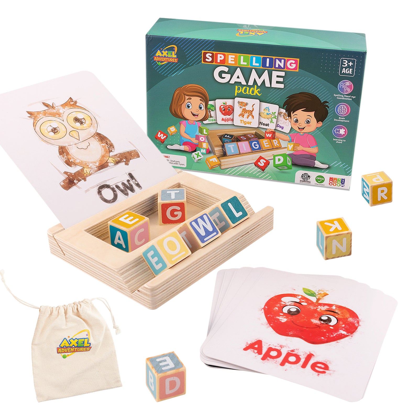 Spelling Game for Kids, Montessori Educational Toy for 3+ Year Old Pre-K Toddler Includes 8 Wooden Blocks and Illustrated Cards, Alphabet Learning Toy Boosts Brain Development, Hand-Eye Coordination - Axel Adventures